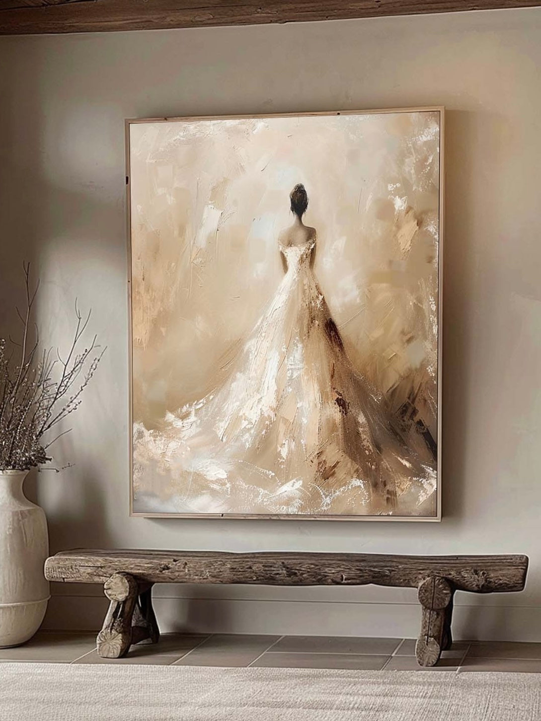 Vintage Abstract Neutral Wedding Dress Painting Large Textured Neutral Canvas Art Beige And White Female Wedding Painting