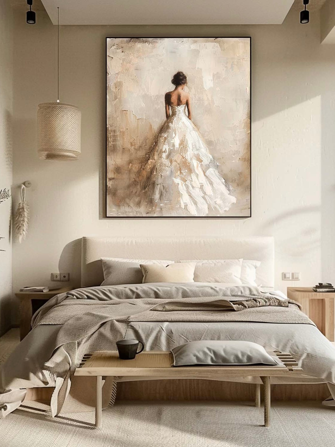 Vintage Abstract Female Painting Large Neutral Canvas Art Beige And White Female Wall Art Minimalist Female Wedding Oil Painting