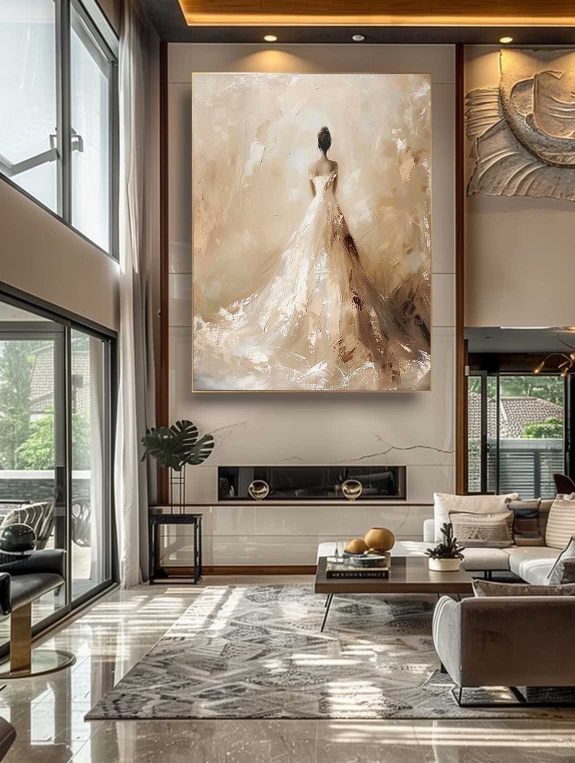 Vintage Abstract Neutral Wedding Dress Painting Large Textured Neutral Canvas Art Beige And White Female Wedding Painting