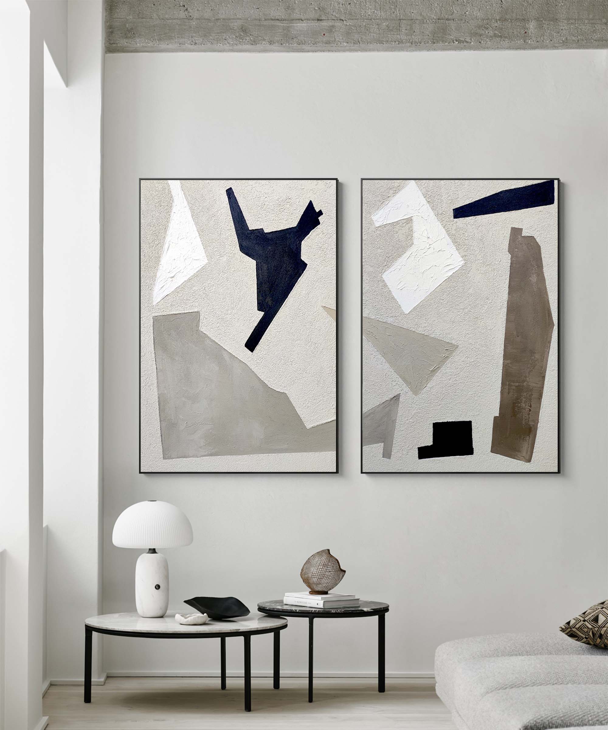 2p Minimalist Geometric Canvas Art Framed Grey And White Diptych 2 Minimalist Texture Painting Acrylic