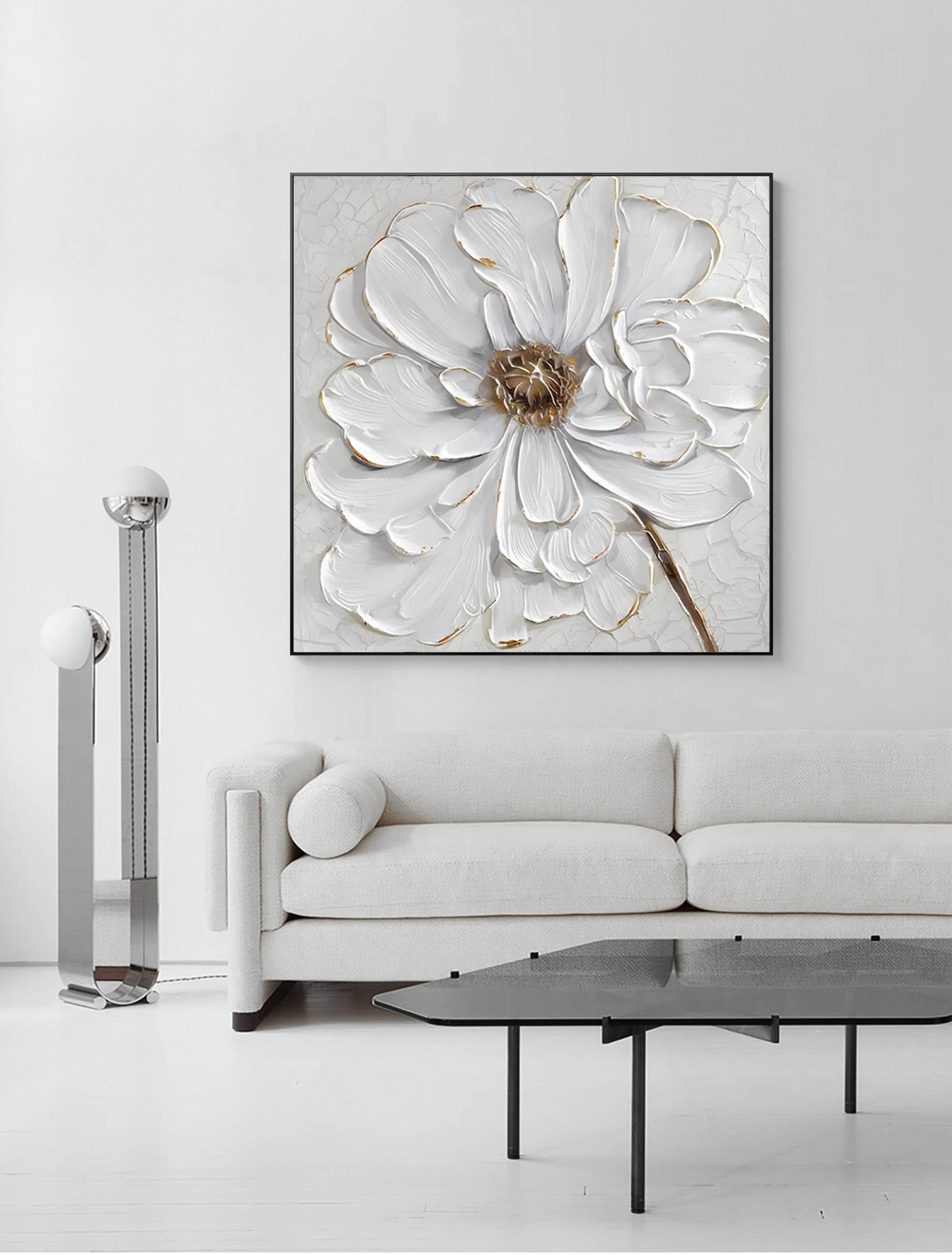 White Texture Flower Minimalist Painting Acrylic Minimal Flower Art For 