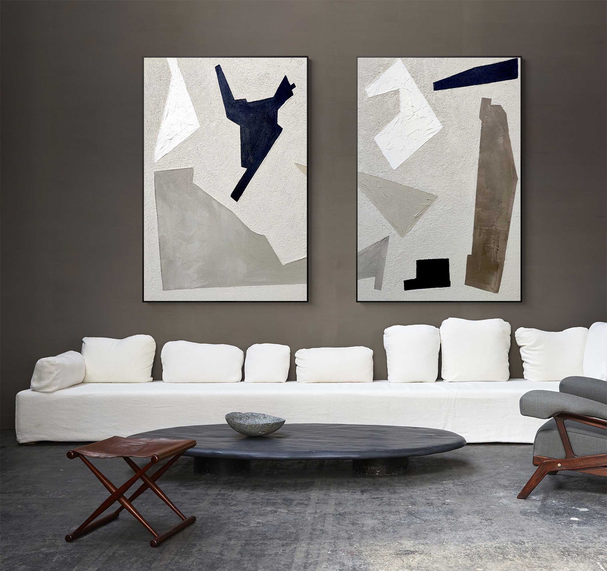 2p Minimalist Geometric Canvas Art Framed Grey And White Diptych 2 Minimalist Texture Painting Acrylic