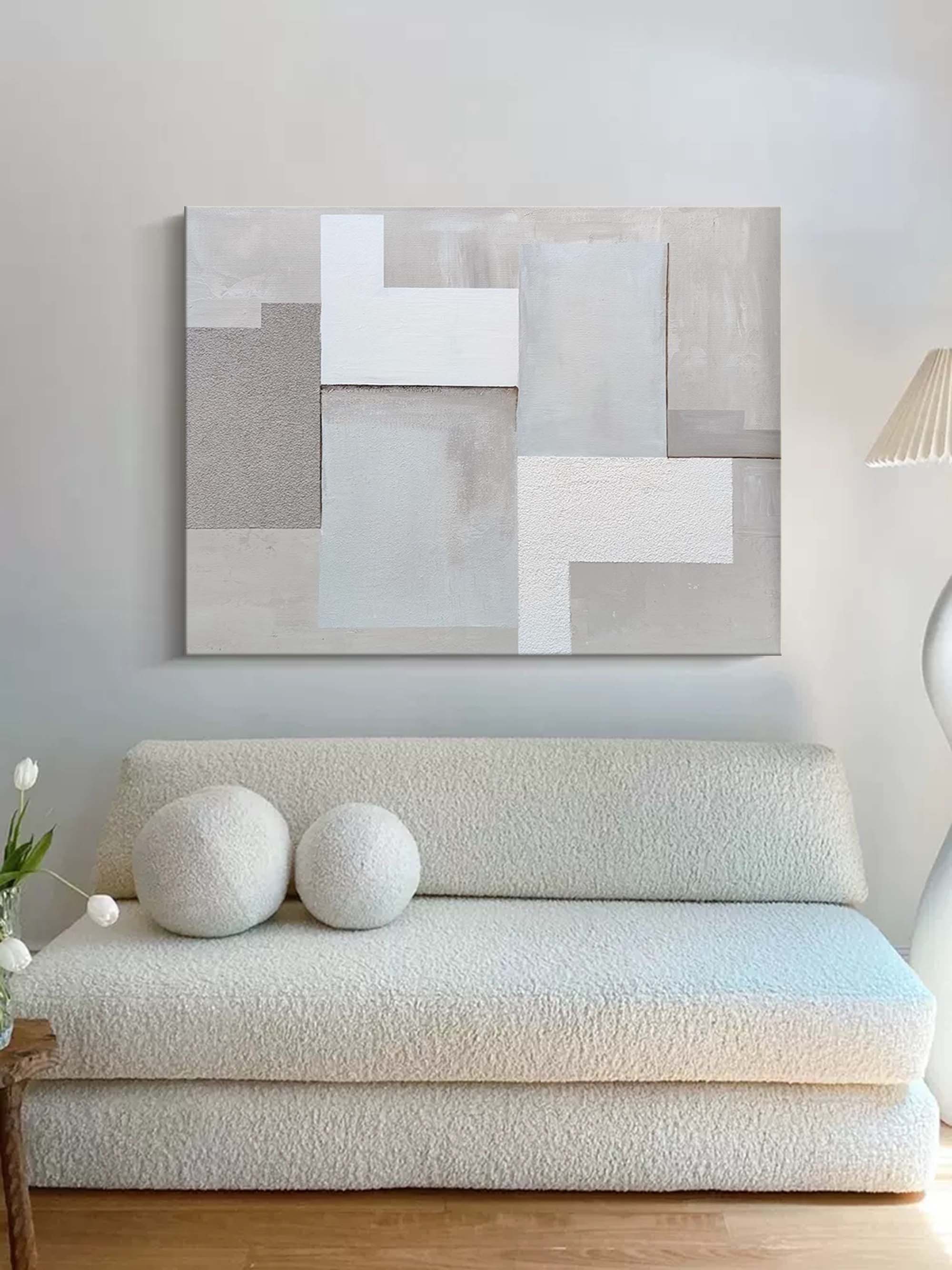 Grey And White Minimalist Abstract Geometric Canvas Art Framed Wall Art For Minimalist Living Room