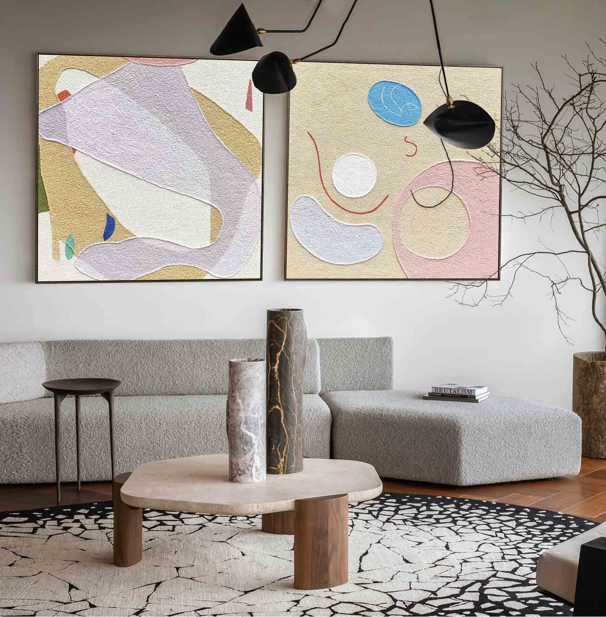 Set Of 2 Minimalist Boho Art Warm Diptych Warm Minimalist Geometric Abstract Painting On Canvas