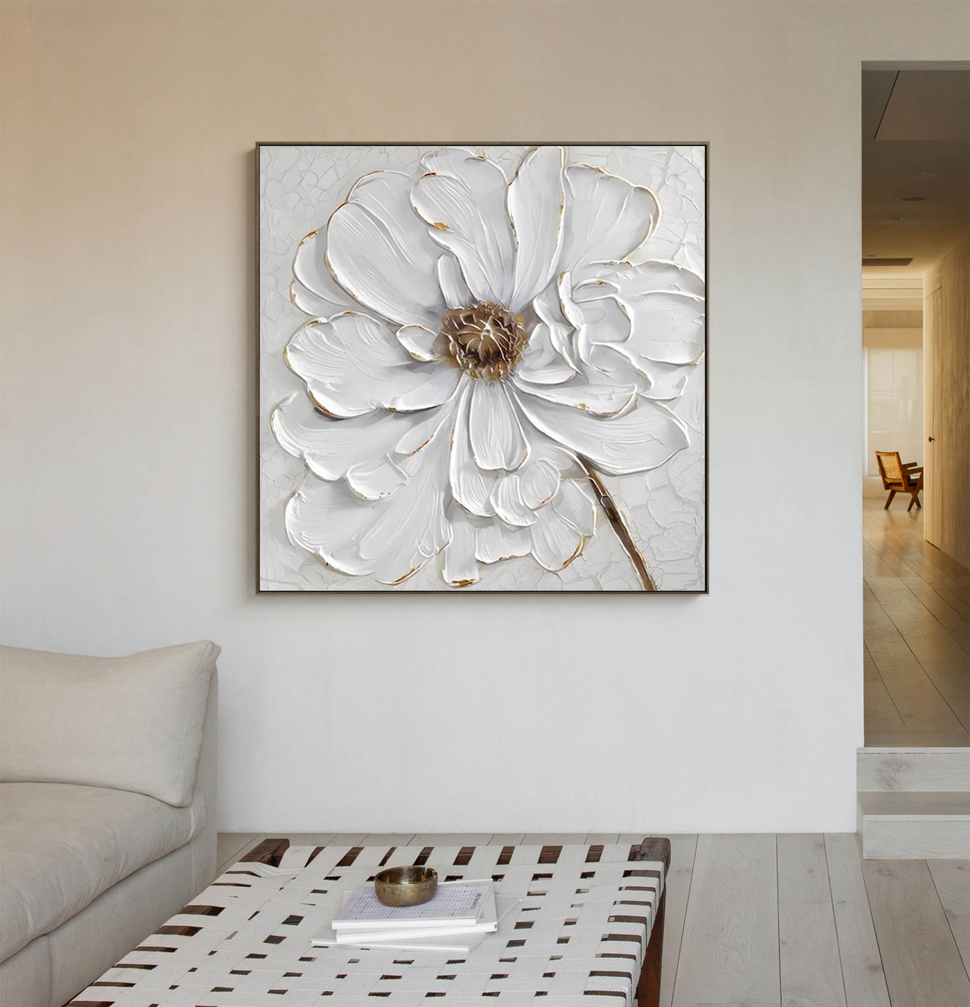 White Texture Flower Minimalist Painting Acrylic Minimal Flower Art For Wall Decor