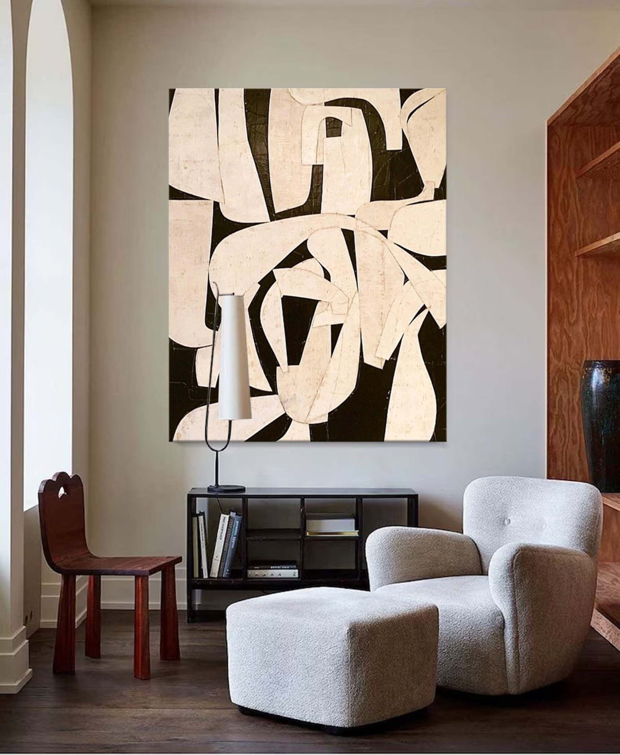 Beige Minimalist Abstract Painting Neutral Beige & Black Painting On Canvas