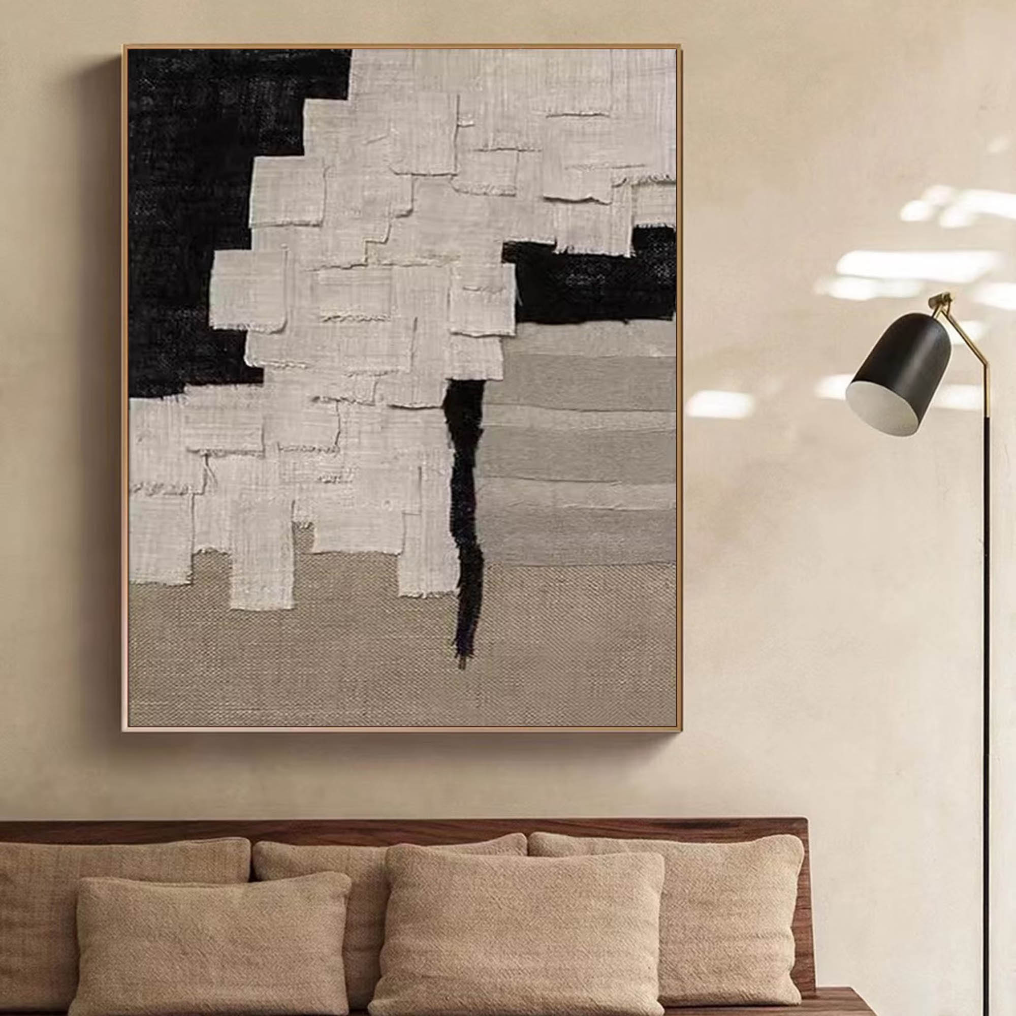 Original Beige Black Wabi Sabi Wall Art Large Minimalist Abstract Painting 3d Beige Textured Painting