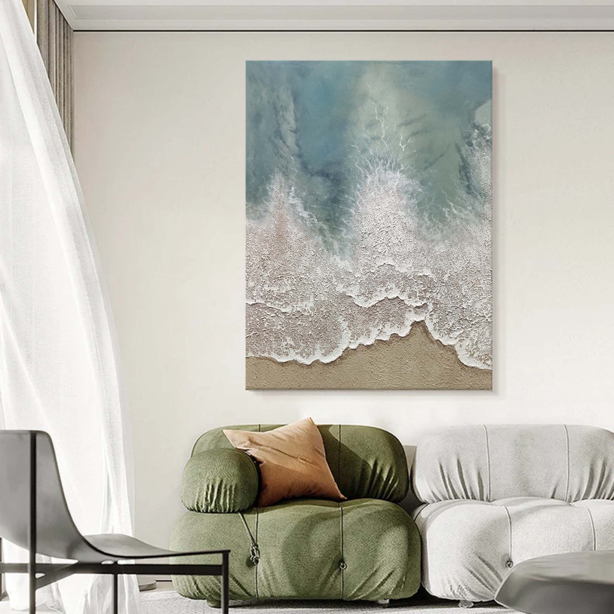 Large 3D Textured Ocean Painting Minimalist Green and White Wave Painting