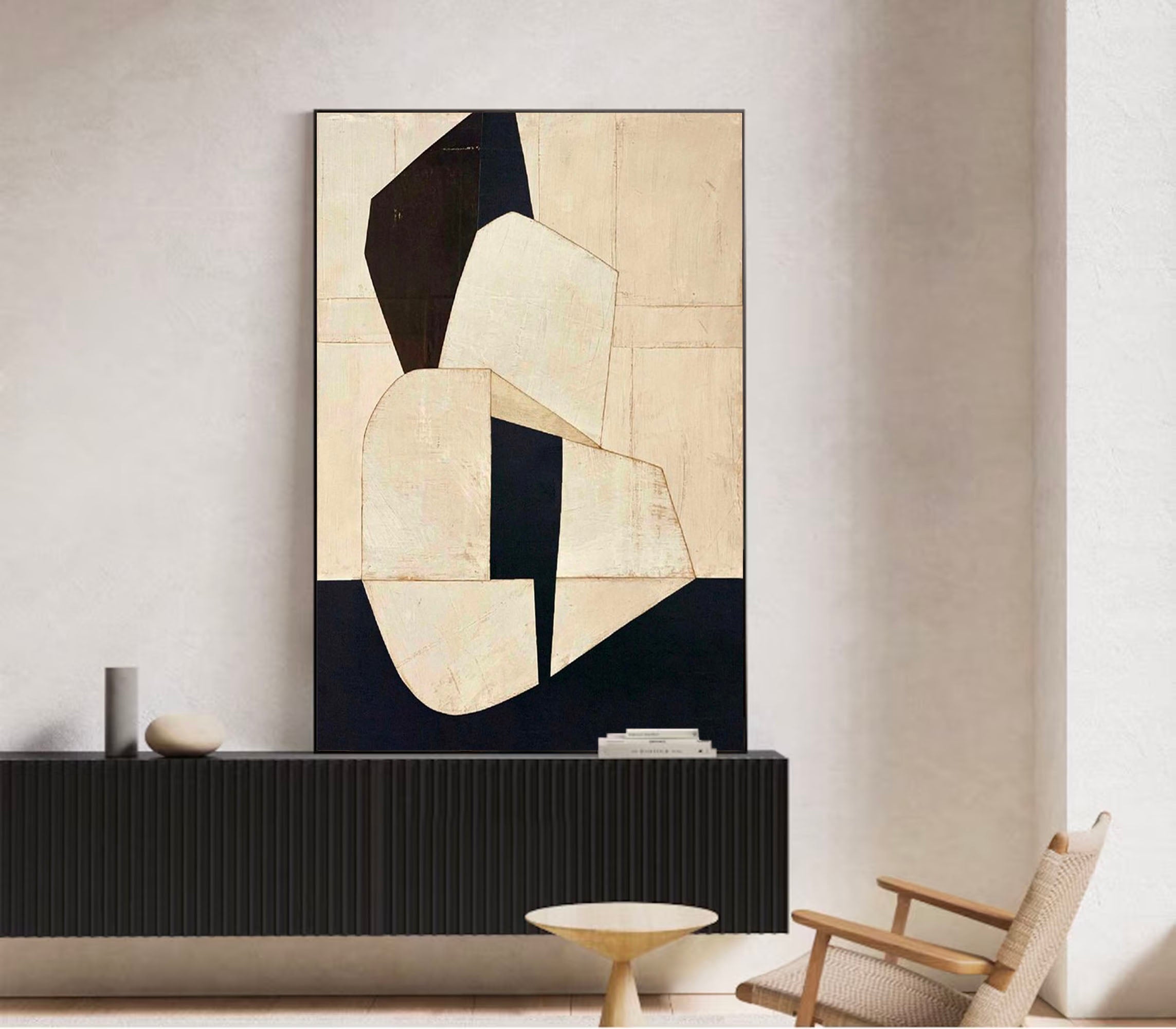 Original Black Beige Minimalist Wall Art Large Black Beige Wall Painting