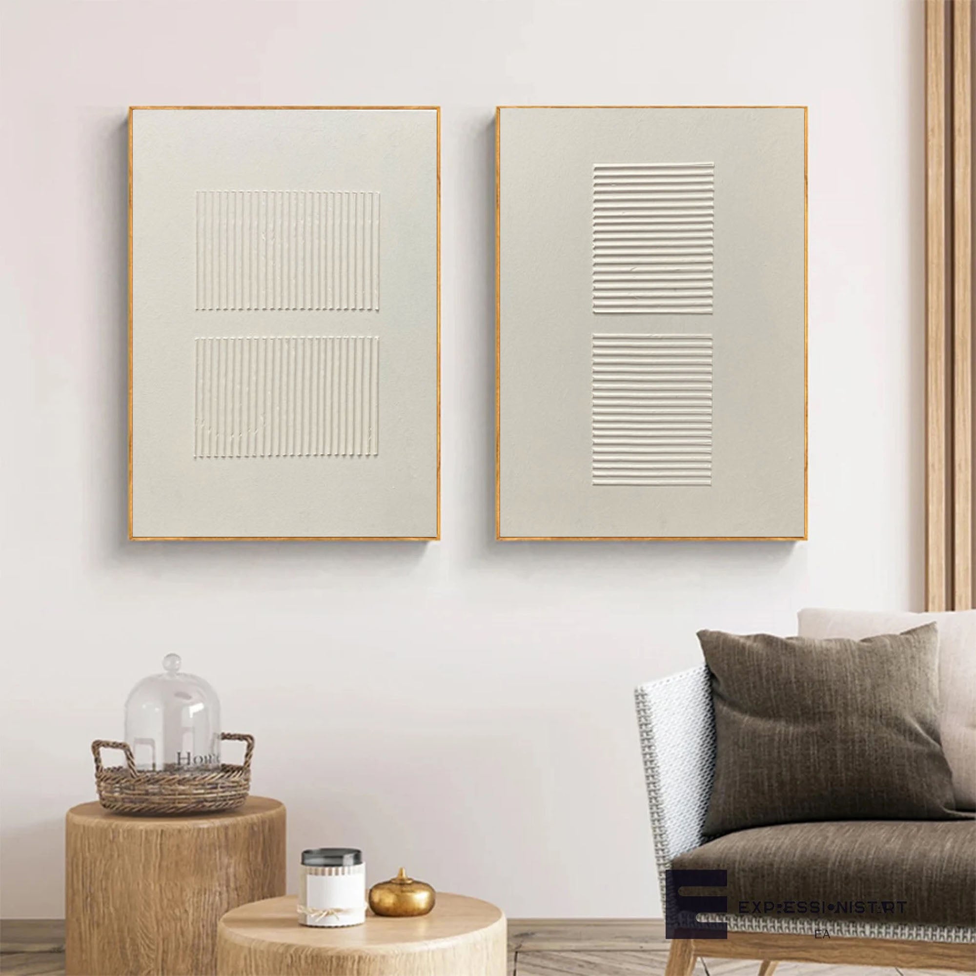 Textured Painting Modern Wall Decor Contemporary Art Set Of 2 Beige Minimalist Art Large Beige