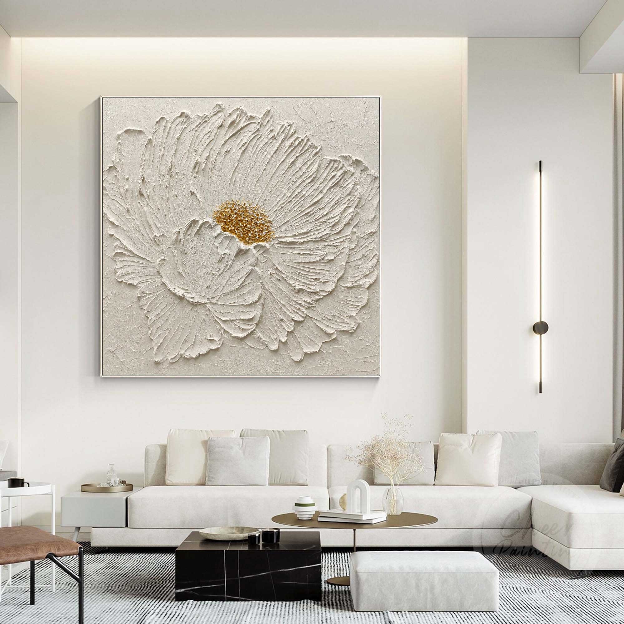 3D Large White Flower Oil Painting Heavy Textured Painting Abstract Landscape Wall Art 