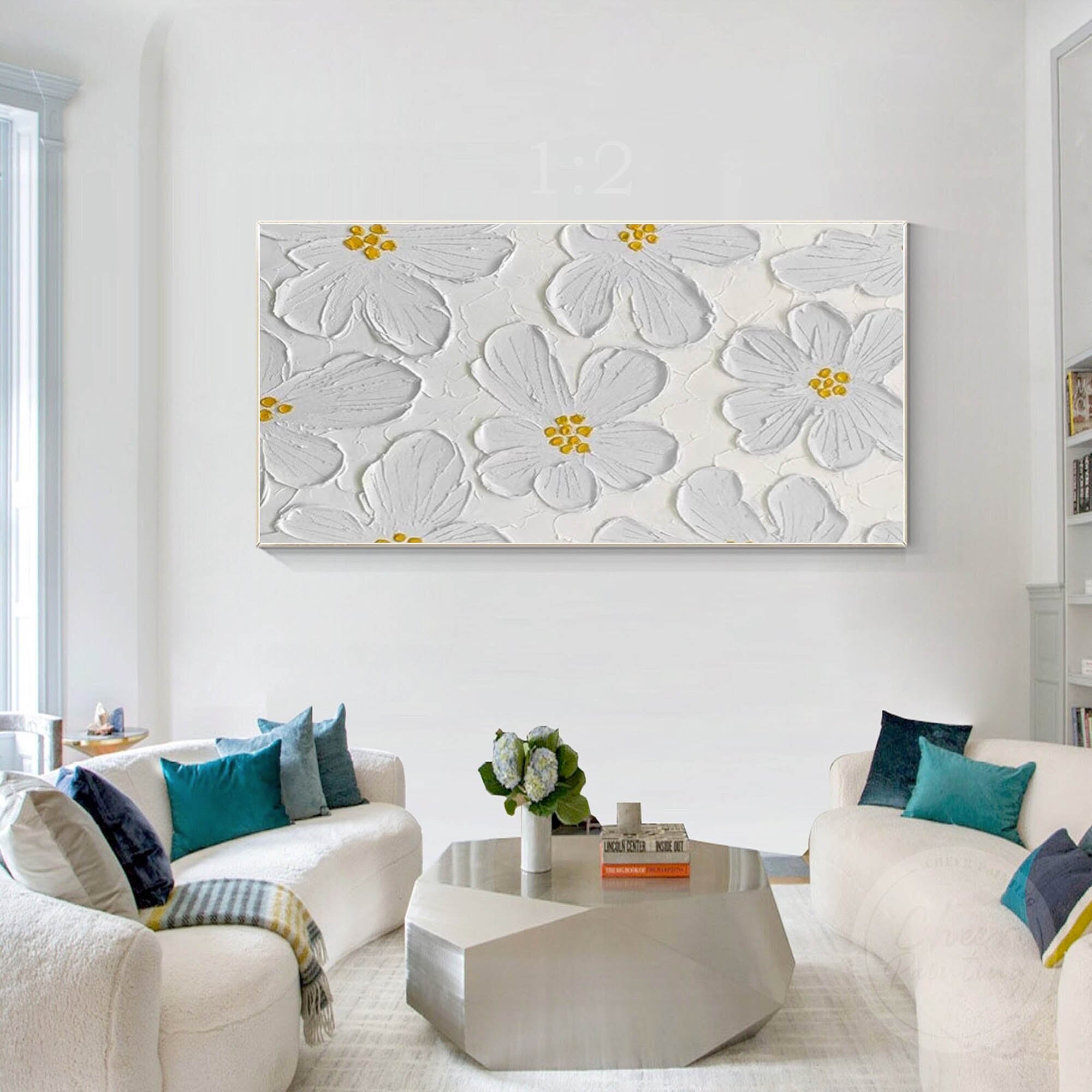 Larger 3D White Flowers Oil Painting White Texture Painting On Canvas Boho Wall Decor