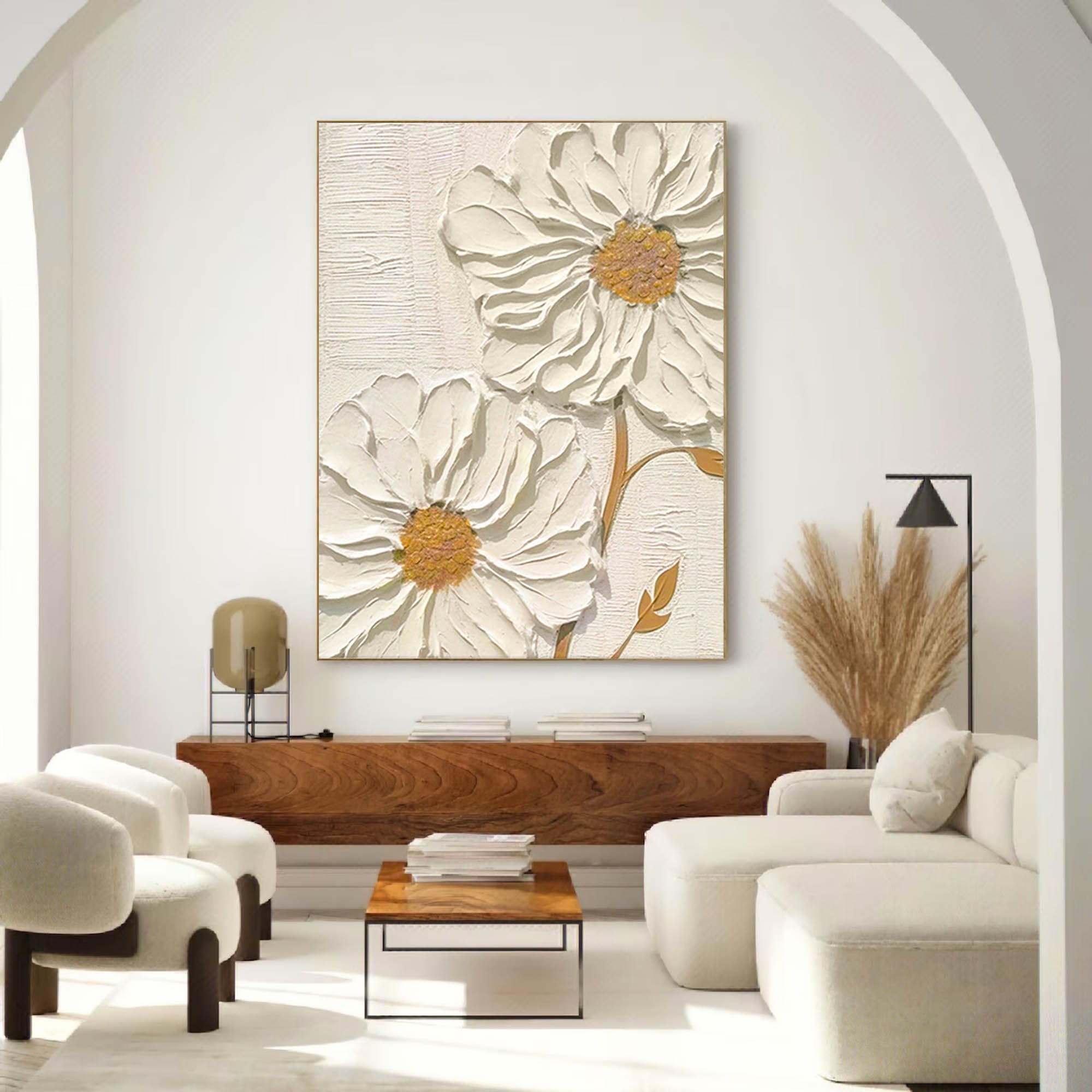 Daisy Flower Oil Painting 3D Texture Abstract Painting Beige Textured Original Painting