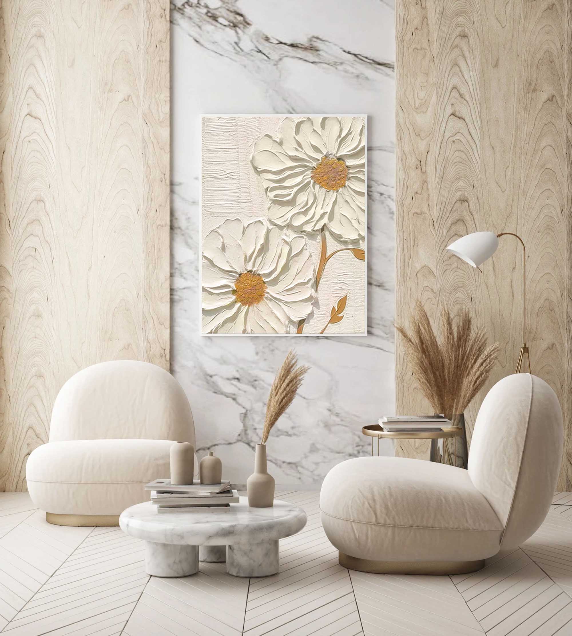 Daisy Flower Oil Painting 3D Texture Abstract Painting Beige Textured Original Painting