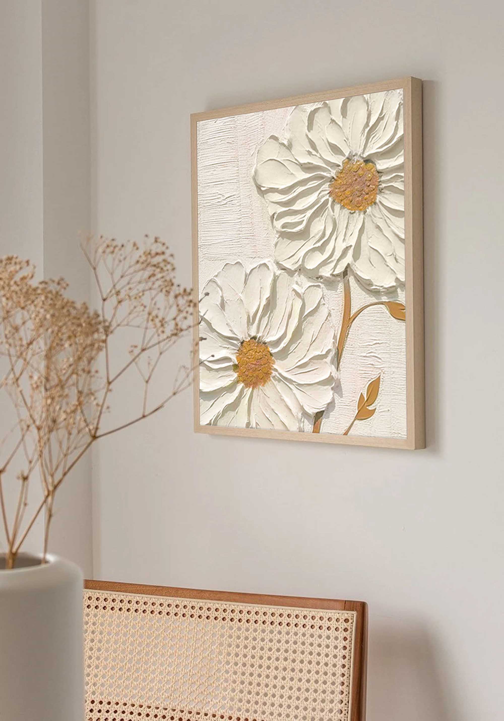 Daisy Flower Oil Painting 3D Texture Abstract Painting Beige Textured Original Painting