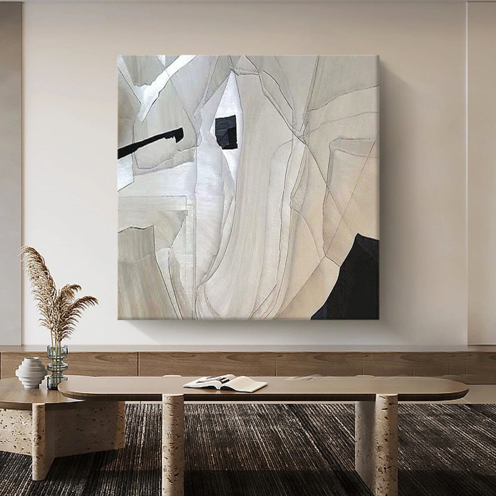 Beige Wabi Sabi Wall Art Black Beige Abstract Painting Black Minimalist Canvas Art