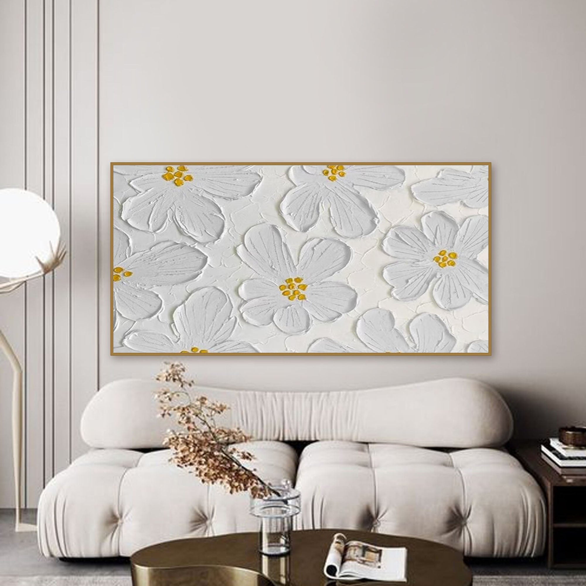 Larger 3D White Flowers Oil Painting White Texture Painting On Canvas Boho Wall Decor