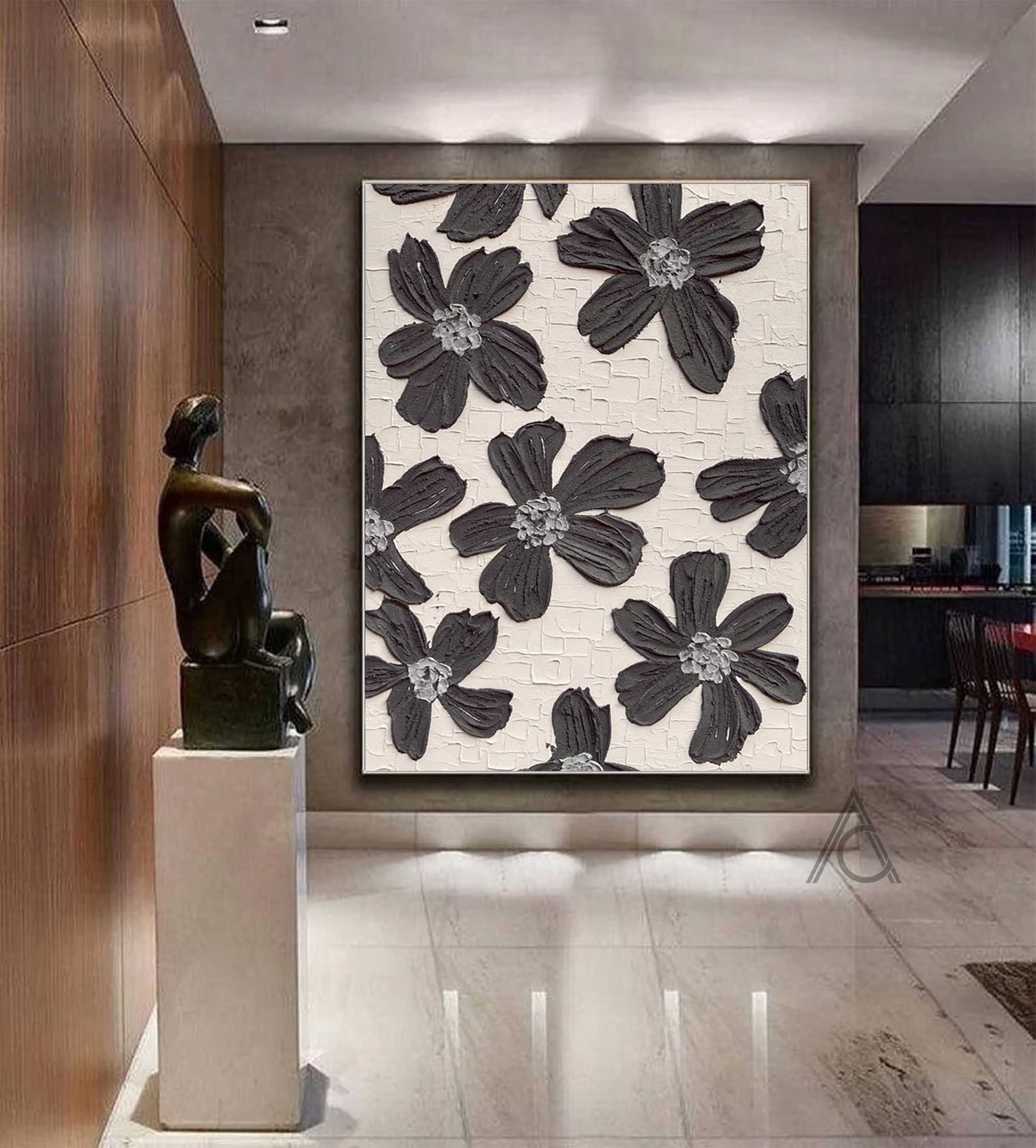 Black And Beige Texture Painting Minimalist Flower Painting Black Abstract Flowers Textural Painting