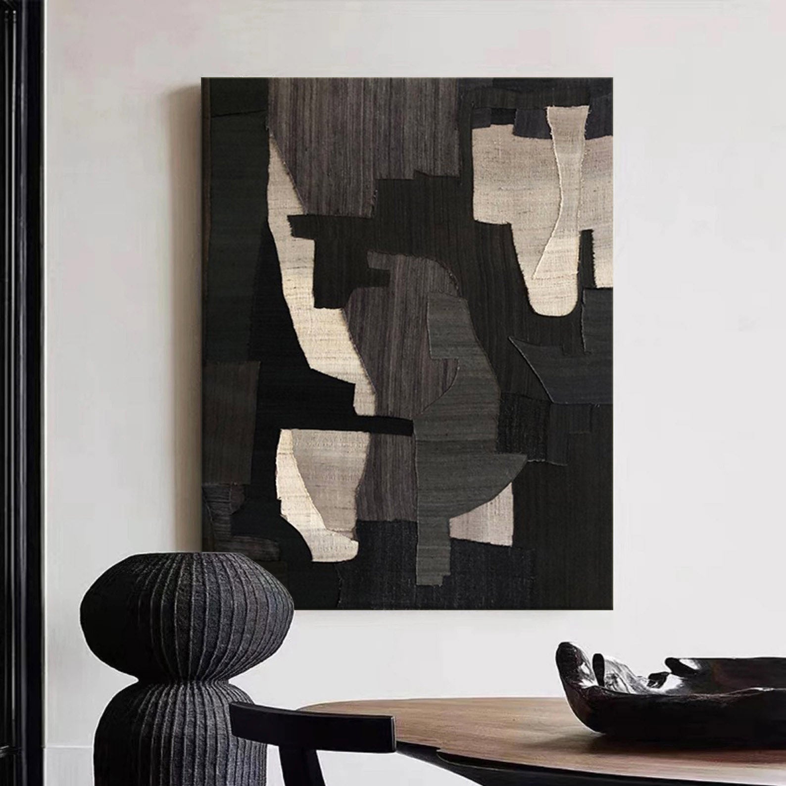 Large Textured Minimalist Abstract Geometric Painting Black Wabi Sabi Minimal Wall Art