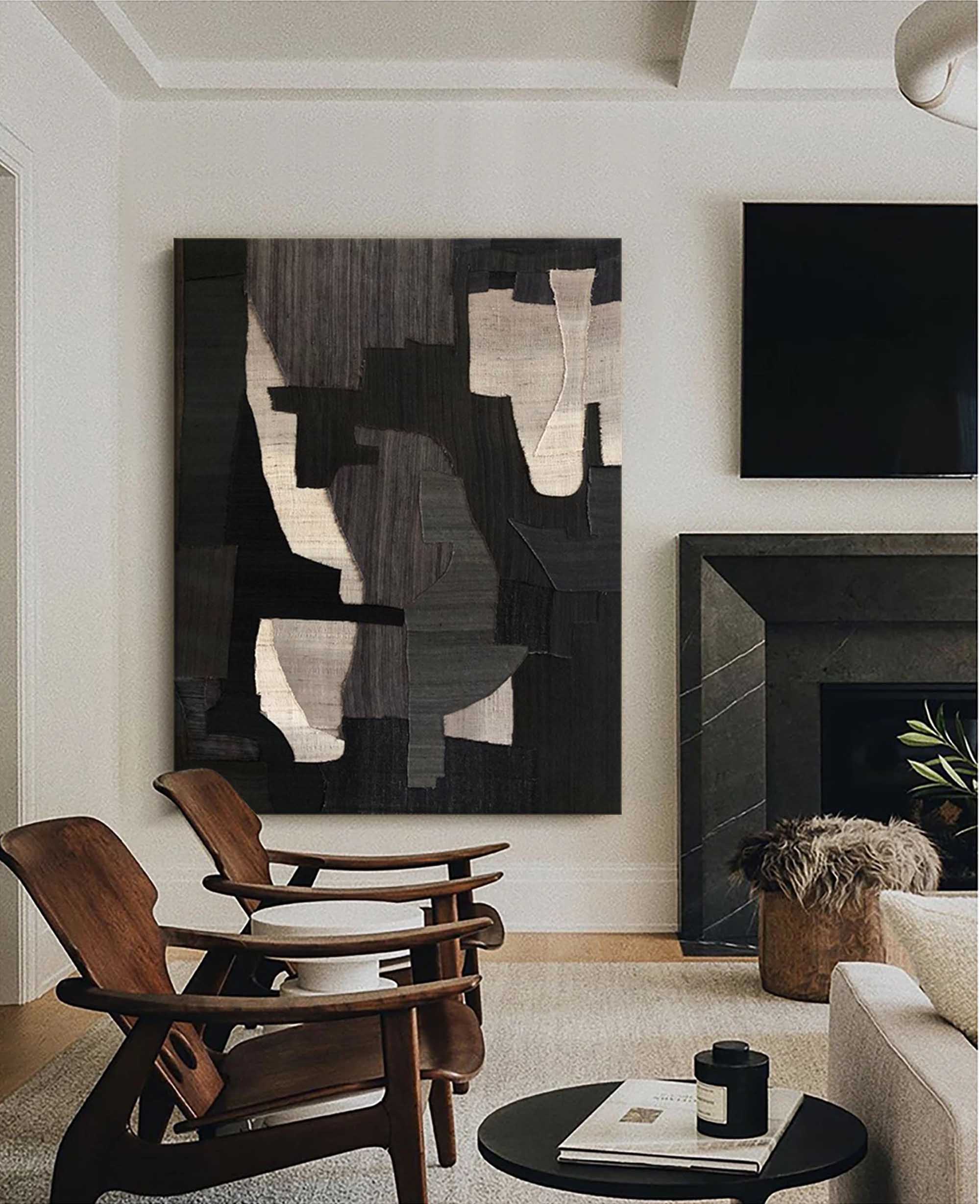 Large Textured Minimalist Abstract Geometric Painting Black Wabi Sabi Minimal Wall Art