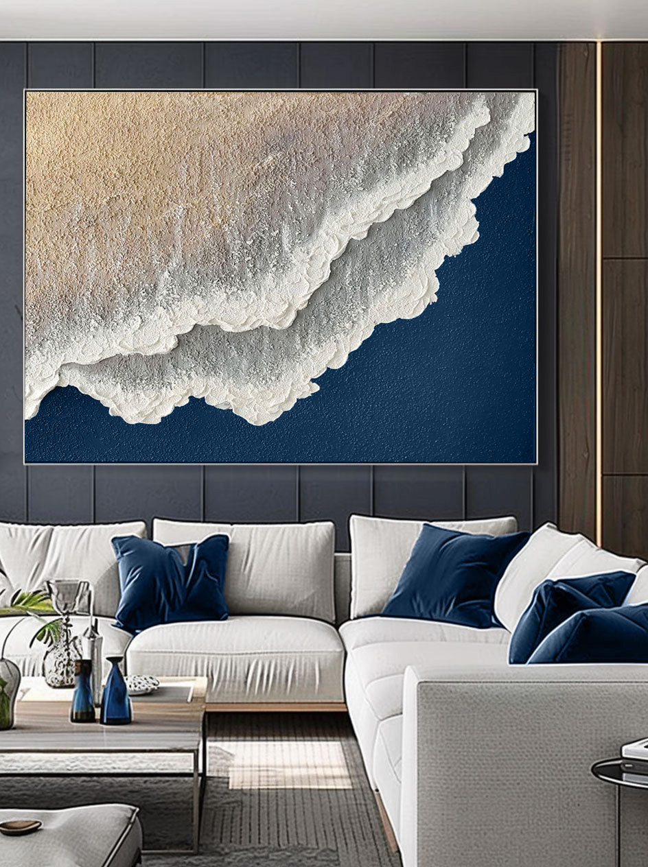 Navy Blue White Abstract Ocean Painting 3D White And Blue Minimalist Ocean Waves Art Minimalist Blue Sea Canvas Art