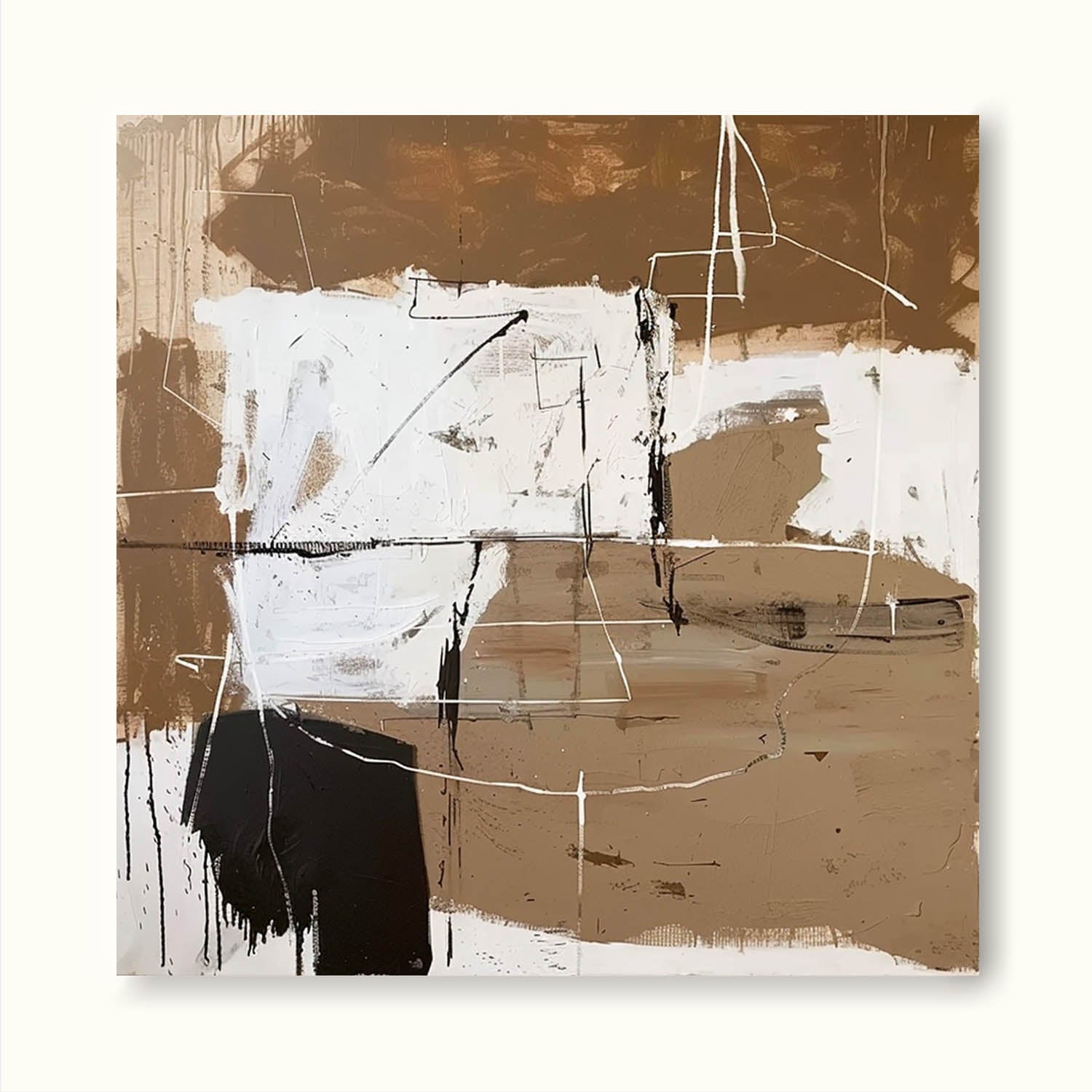 Large Vintage Black And Brown Canvas Art Retro Neutral Wall Decor White & Brown Canvas Painting Vintage Minimalist Art