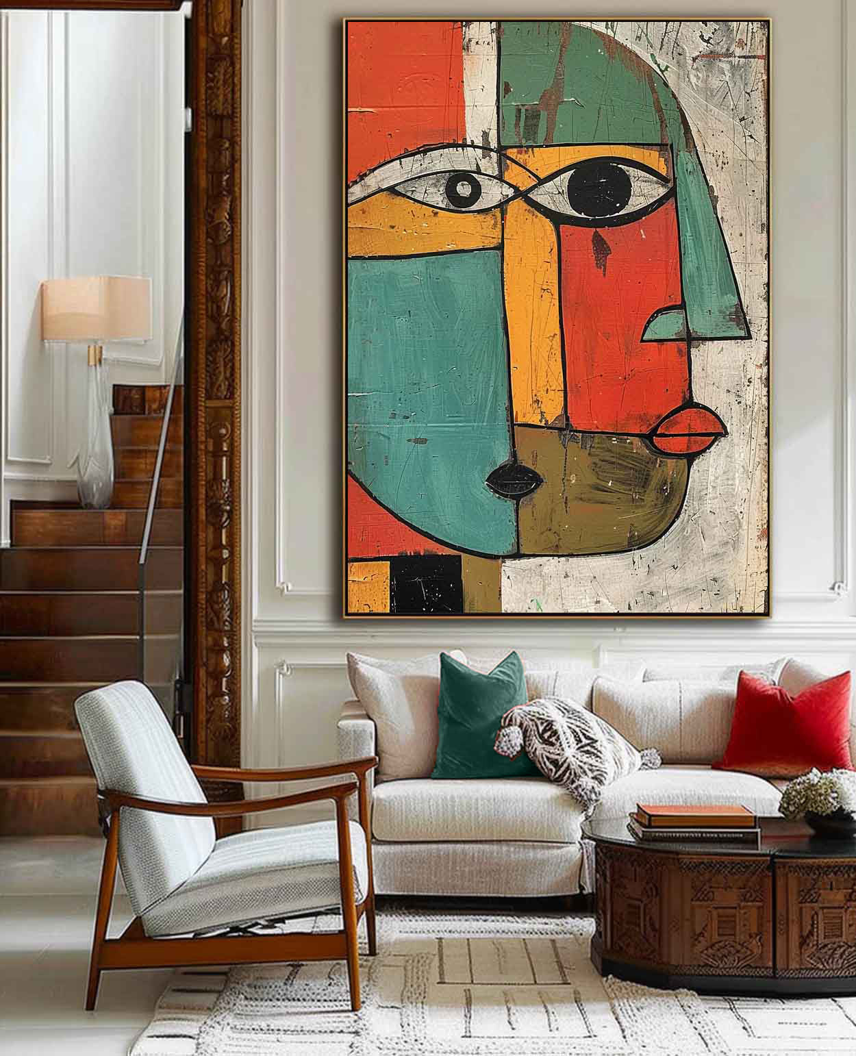 Vintage Picasso Figure Painting Minimalist Head Oil Painting Vintage Colorful Abstract Face Wall Art