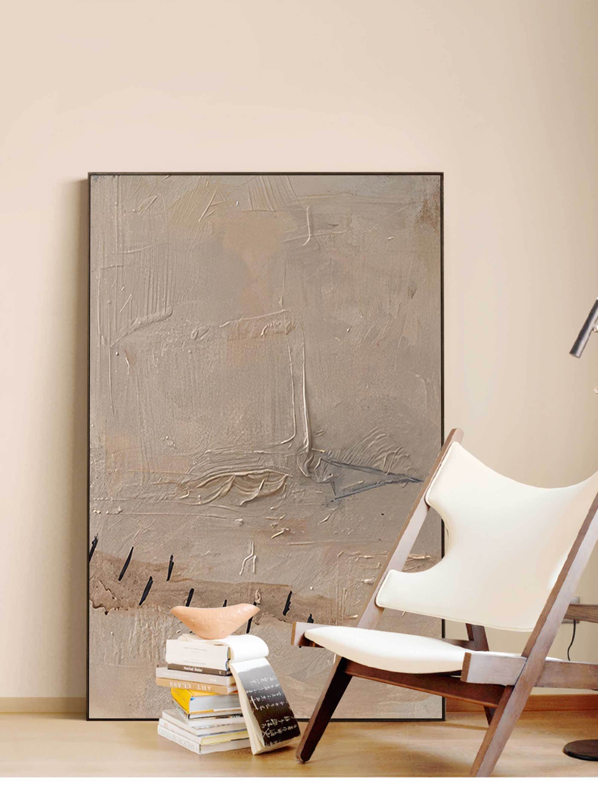 Neutral Texture Abstract Minimalist Wall Art Framed Large Brown Abstract Canvas Painting For Livingroom