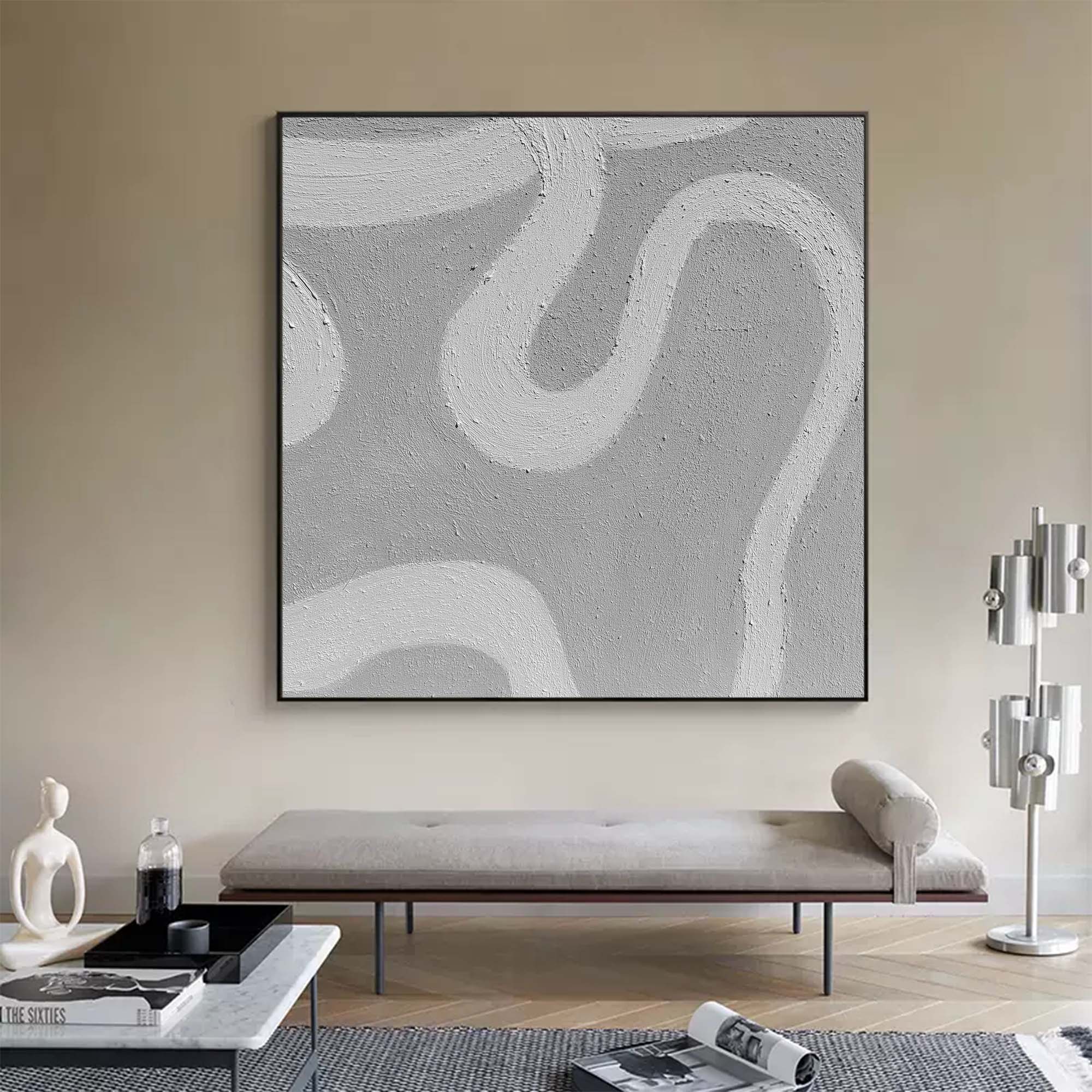 Grey And White Minimalist Line Wall Art Framed Square Canvas Simple Minimalist Painting