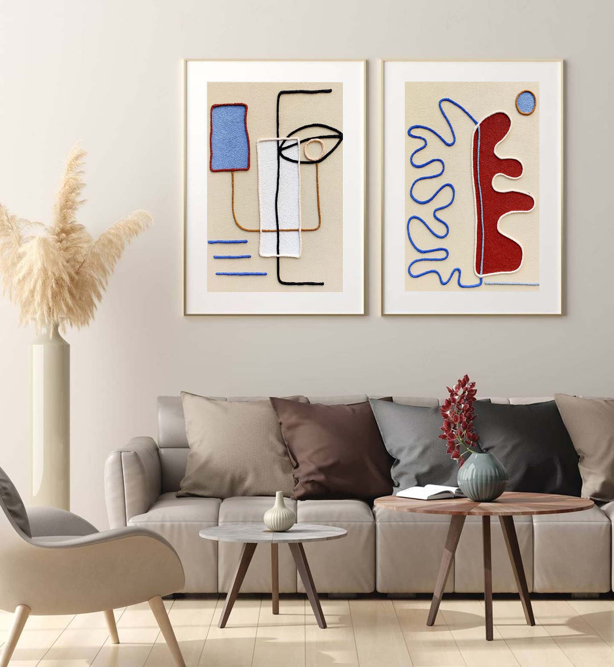 Set Of 2 Mid Century Minimalist Art Framed Boho Minimalist Painting Acrylic For Living Room