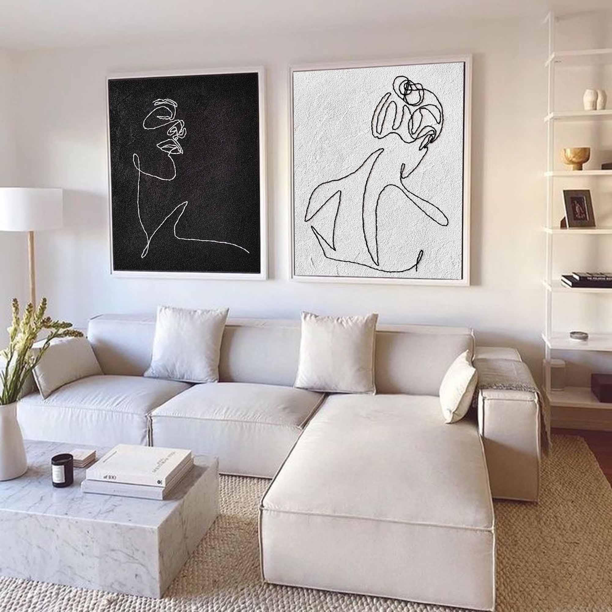 2 Piece Female Minimalist Line Canvas Art Set Of 2 Black And White Woman Minimal Painting Framed