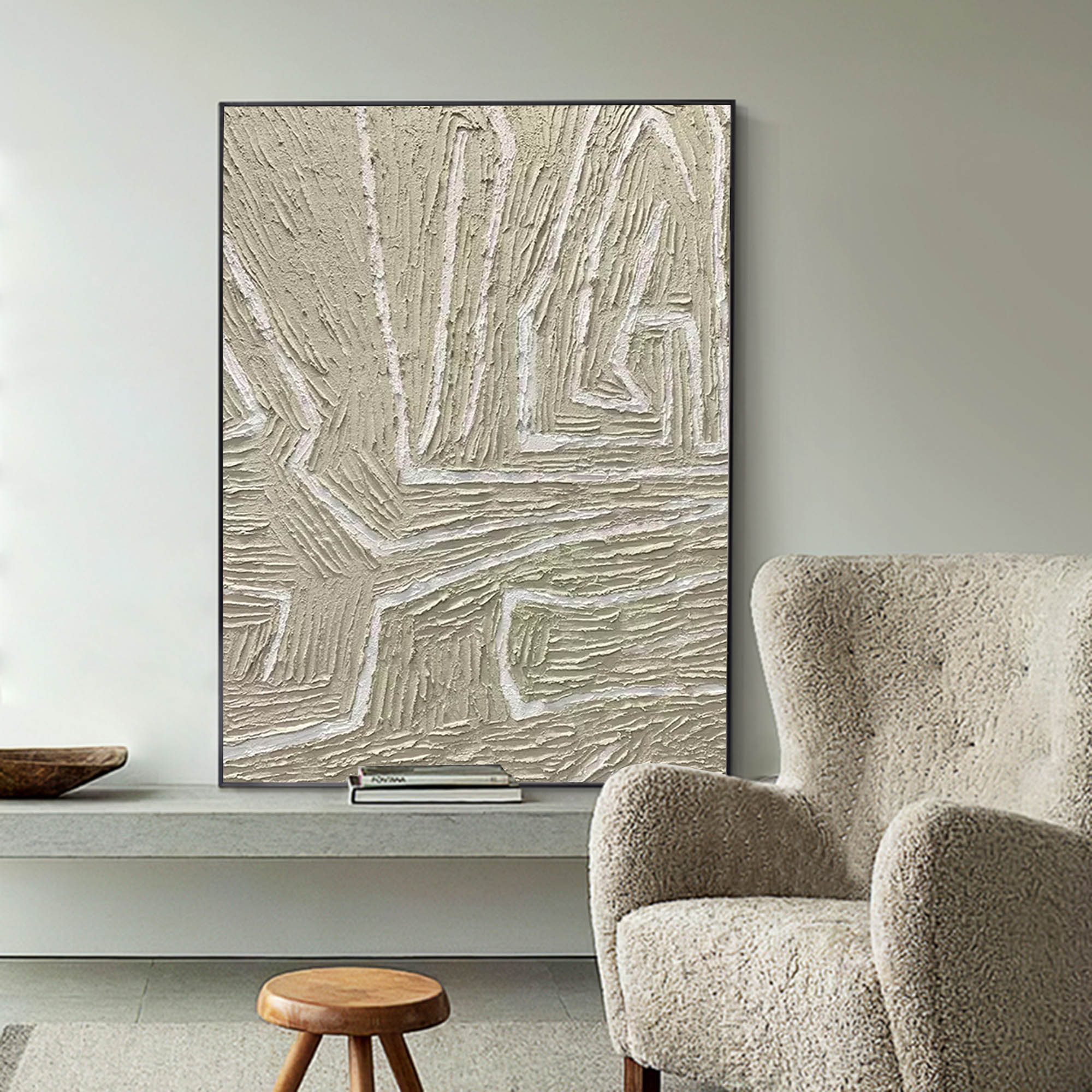 Large white and beige minimalist line art framed texture minimalist modern painting wall decor