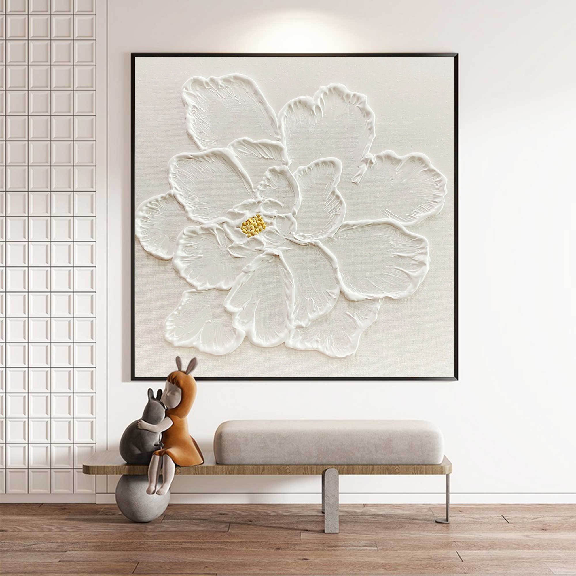 3D white flower minimalist painting acrylic textured minimal flower art for living room