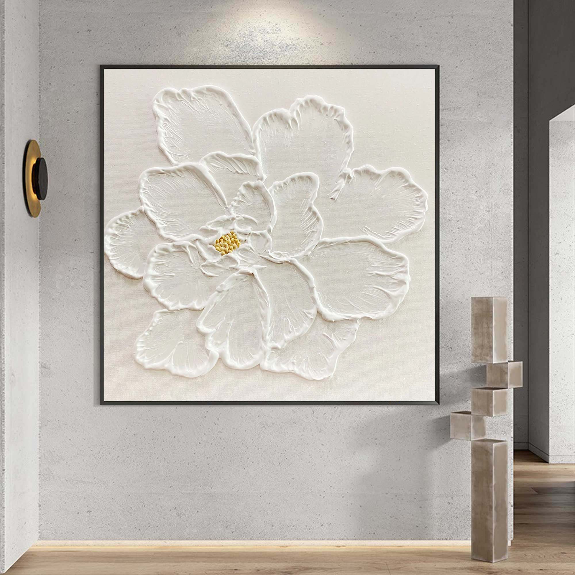 3D white flower minimalist painting acrylic textured minimal flower art for living room