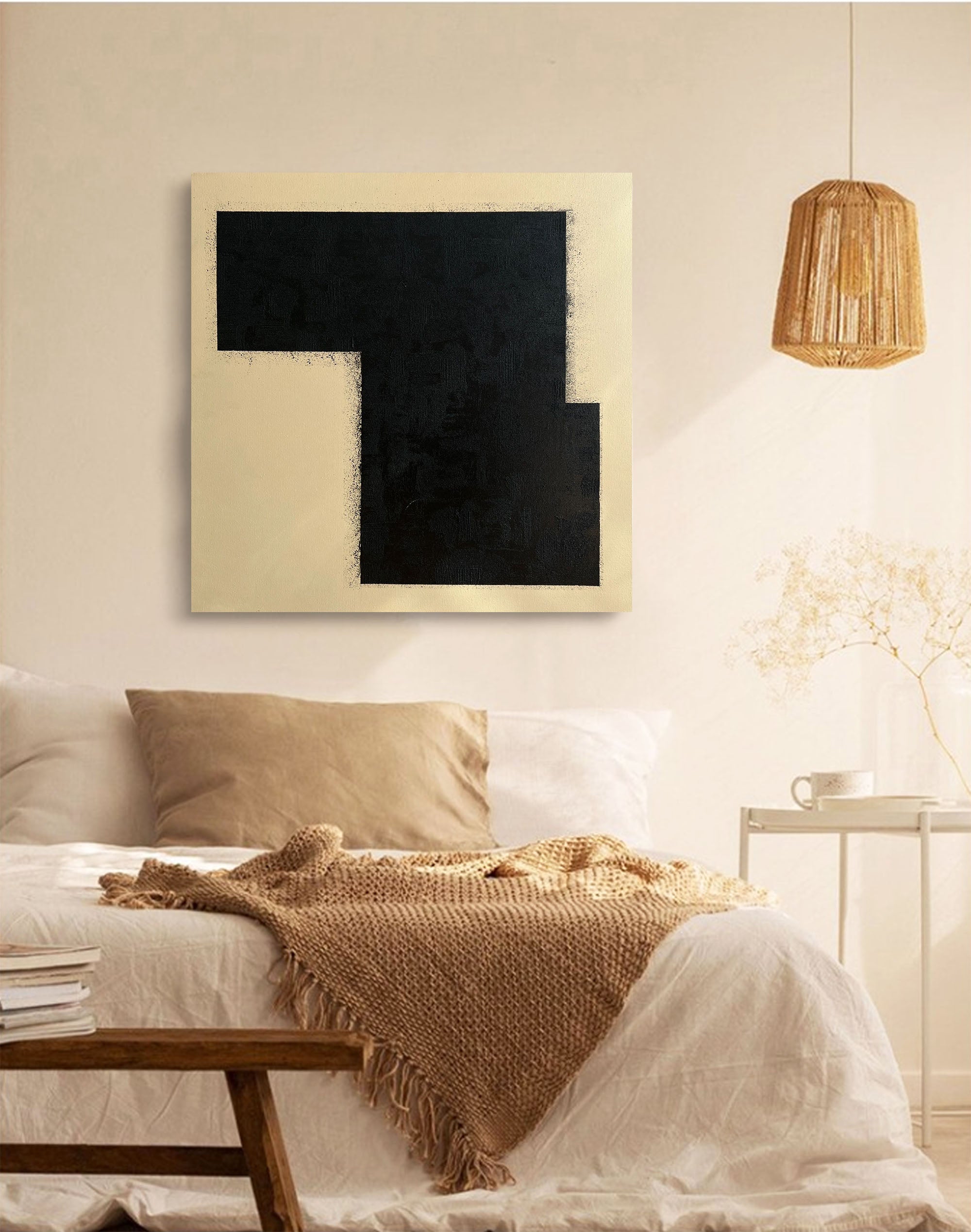 Minimalist black and beige canvas painting large acrylic framed for living room