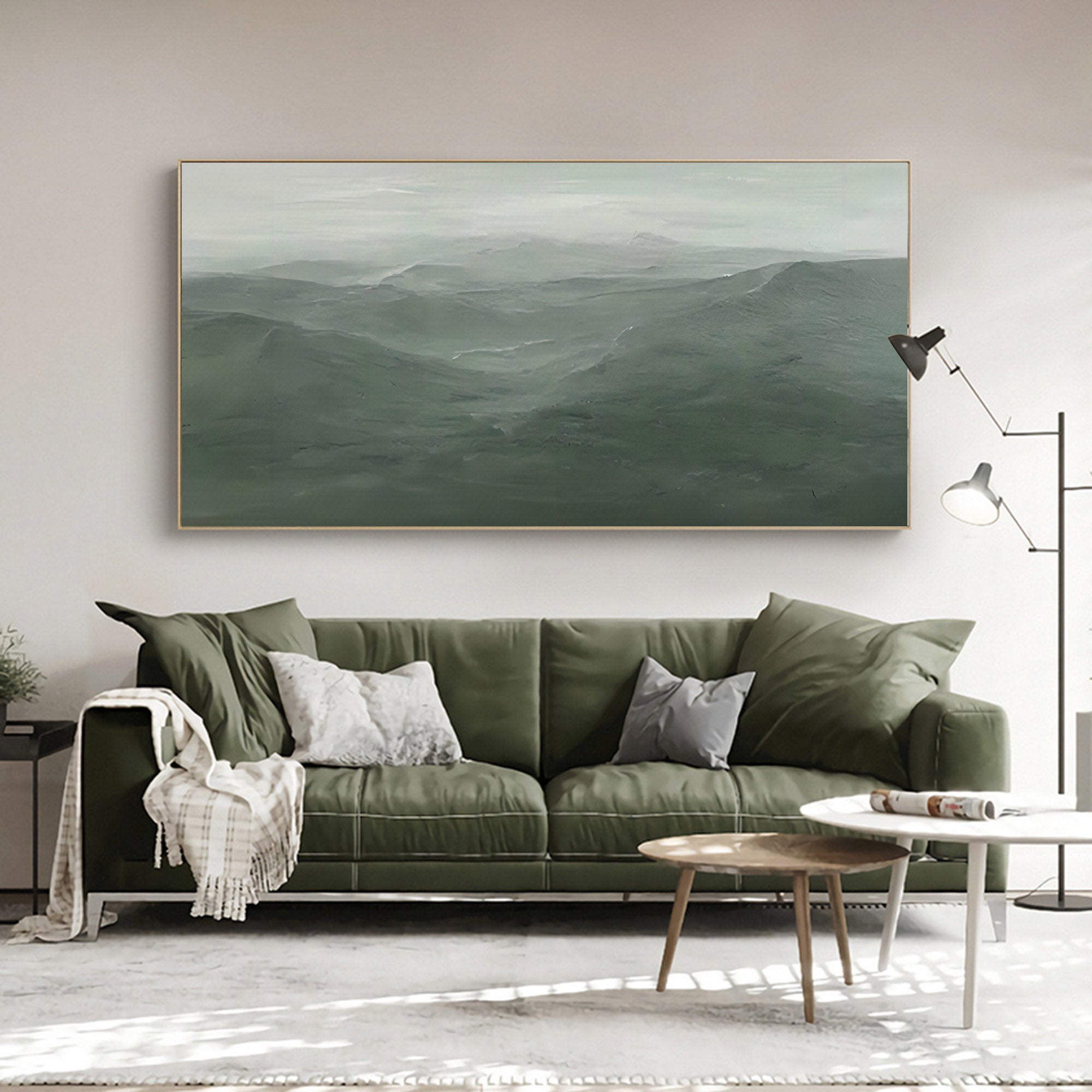 Large Green Minimalist Landscape Painting Framed Minimalist Mountain ...