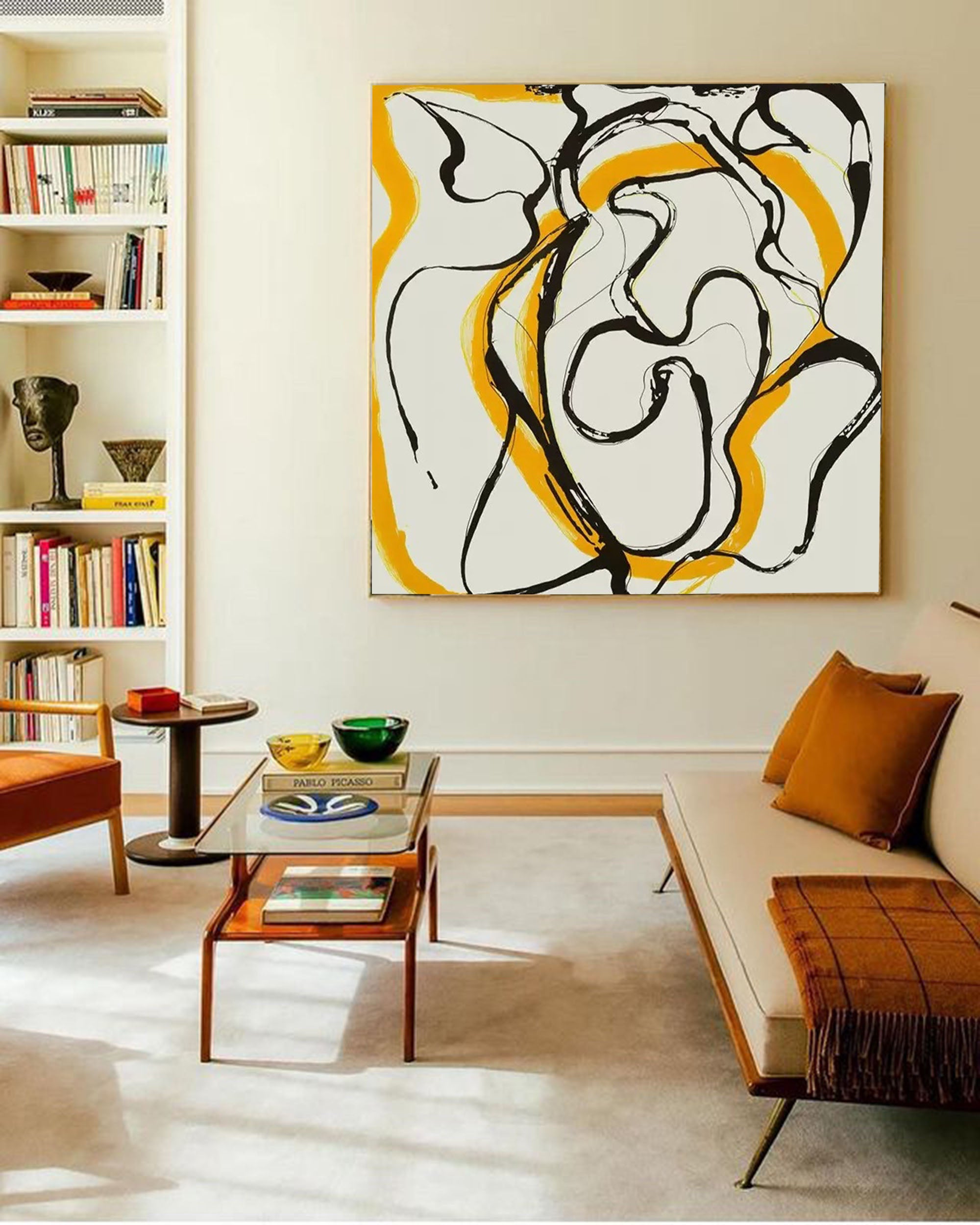 framed yellow minimalist line art square contemporary minimalist painting acrylic